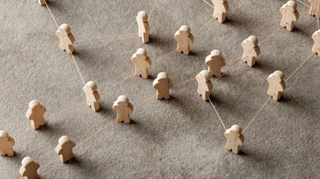 Remote work virtual team represented by widely spaced miniature wooden figures connected across a gray desk