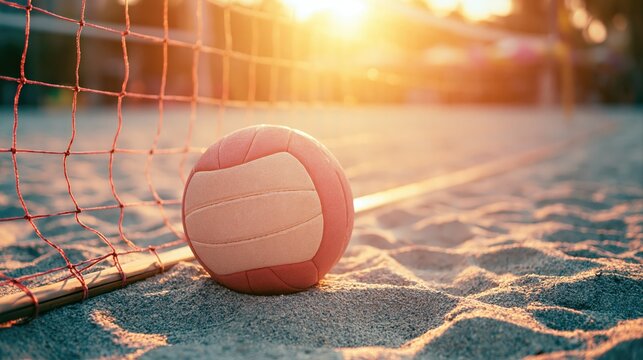Volleyball resting on a sandy beach court beside the net in warm tropical summer sunlight