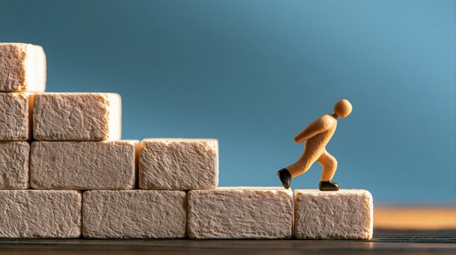 Miniature wooden figure climbing ascending stone staircase blocks, symbolizing business growth and career progression against a blue background