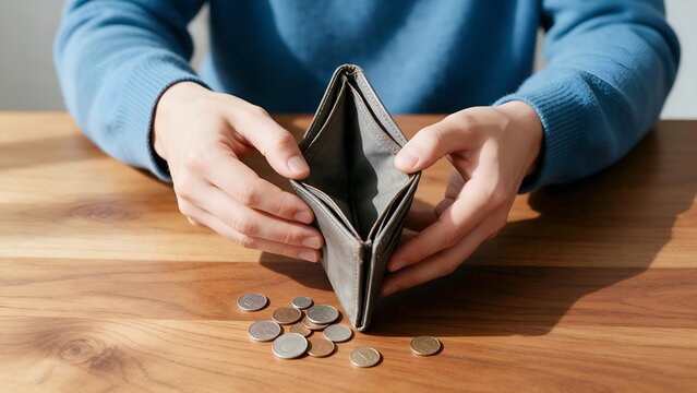 Broke person holding an empty leather wallet with only a few small metal coins scattered on a wooden table during a difficult financial crisis