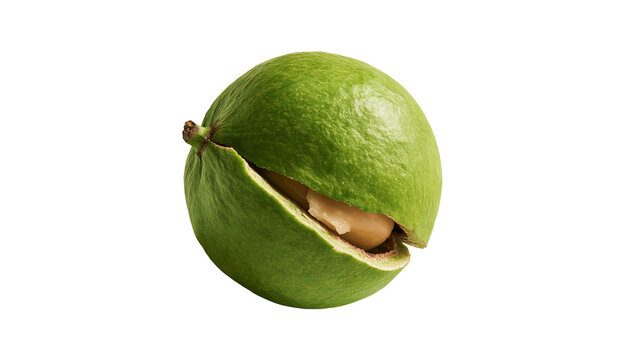 Fresh green macadamia nut with cracked outer husk revealing creamy kernel