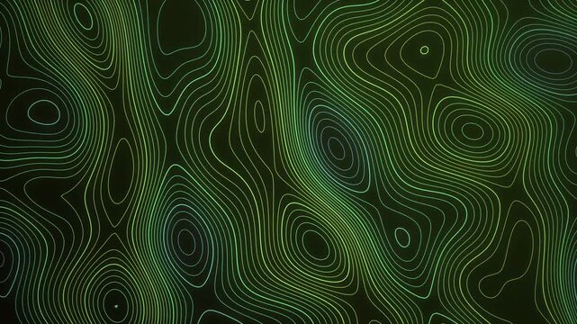 Futuristic green contour lines flow across a dark background, crafting an intricate abstract topographic landscape, ideal for technology and graphic design projects