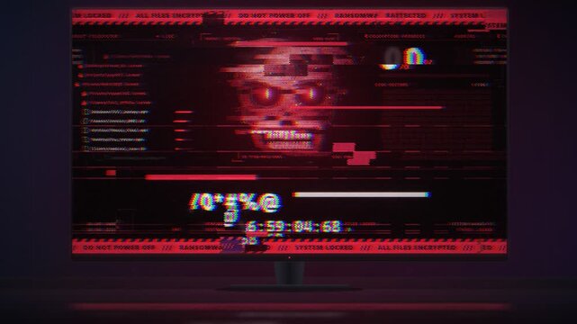 Ransomware cyber attack warning screen with glowing skull and data lock loop