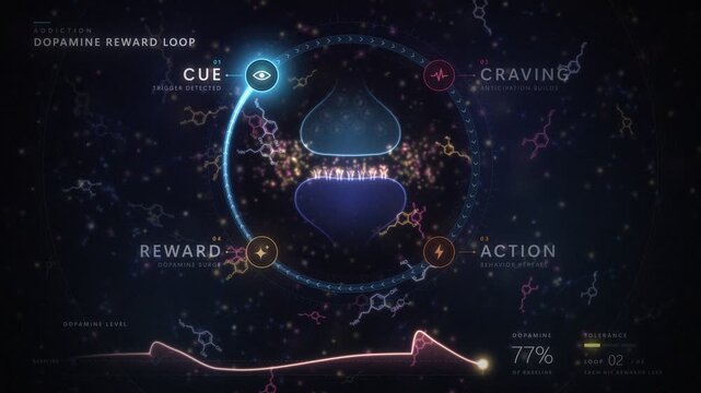 Dopamine reward loop cycle animation showing synapse and neurotransmitter release graph in seamless 4k loop