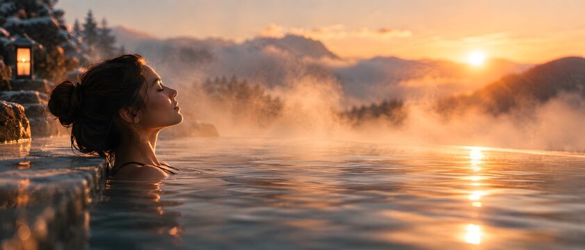 Macro close up profile portrait of beautiful young woman inside hot spring thermal pool with closed eyes under intense morning sunrise sun rays against snowy mountains
