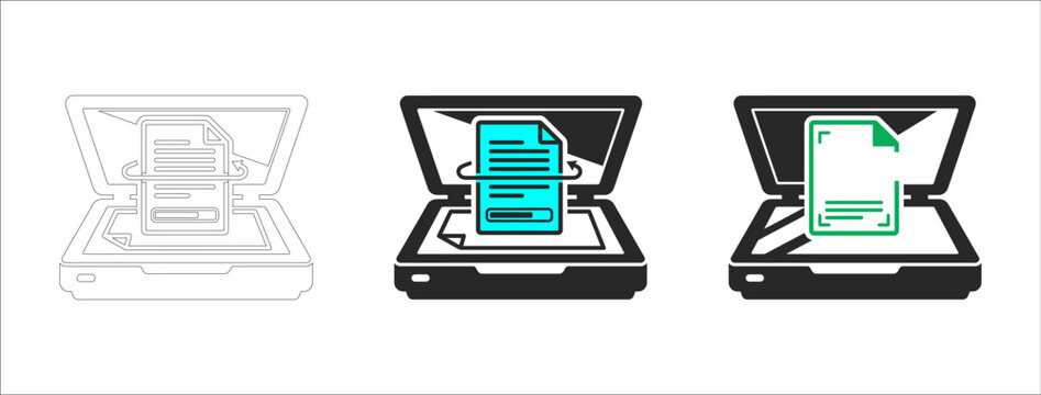 Flatbed document scanner icon set, digital paper scanning vector illustration, office hardware equipment for document digitization .