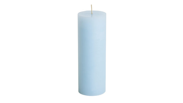 Light blue cylindrical wax candle with a single cotton wick