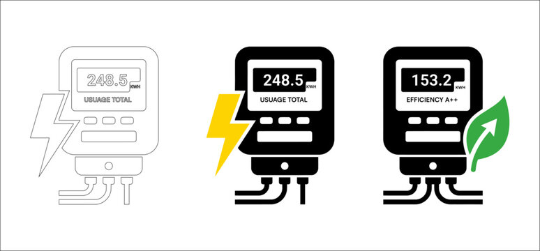 Smart energy meter icons for electricity monitoring, digital power consumption gauge set, green eco efficiency meter with leaf and lightning bolt symbols .