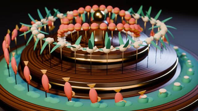 Zoetrope turntable where rings of clay fish, birds and bouncing balls come alive as it spins, loop