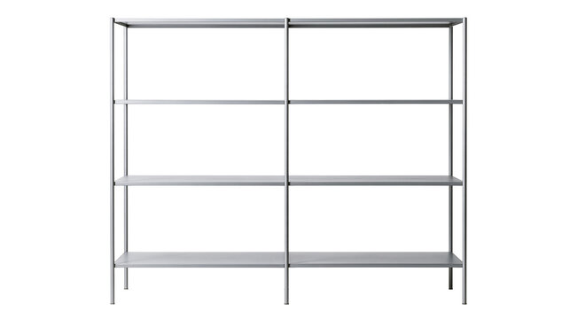 Minimalist silver metal shelving unit with four tiers and thin vertical supports