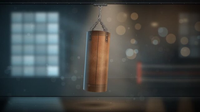 Leather Boxing Punching Bag Swaying Gently In Empty Gym Training Facility