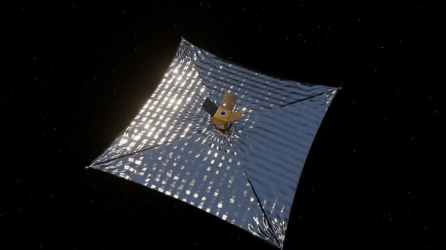 Solar sail spacecraft turning slowly among the stars, sunlight glinting on its creased mirror film, loop