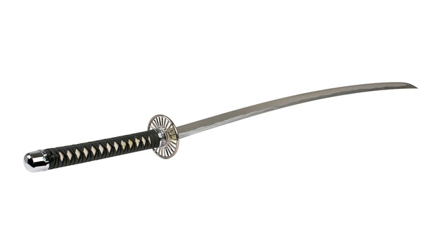 Traditional Japanese katana sword with black wrapped handle and silver guard