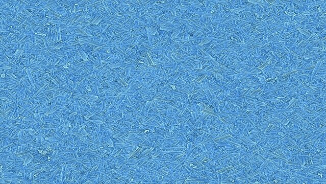 Highly textured monochromatic blue OSB chipboard pattern with cerulean blue wood chips, navy outlines and layered shadows, creating a rugged abstract industrial surface background.