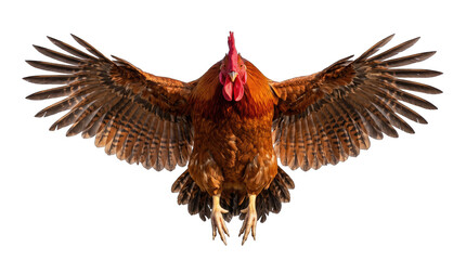 Brown Hen Chicken Flying with Wings Spread Wide Open Farm Poultry Bird in Flight Dramatic Pose Barnyard Animal png, isolated on a transparent background © aishaa