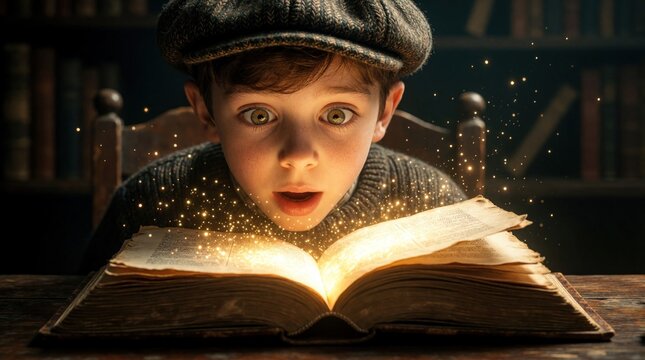 Young boy looks with wonder at glowing open book in dark library. Magical light, sparkling dust fly from old pages. Curious child discovers secret fantasy world magic spell reading ancient tome in