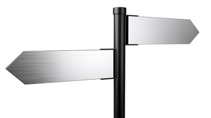 Brushed metal directional signpost with two blank arrow shaped plates © Veikko