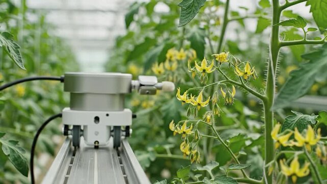 Autonomous robotic pollination device moving beside tomato blossoms in a smart greenhouse, illustrating precision horticulture and technology assisted crop production