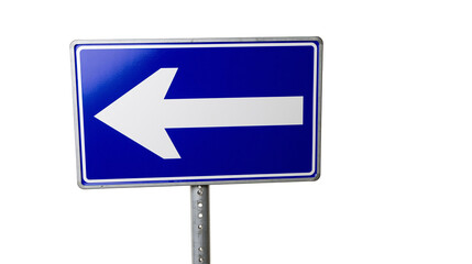 Blue rectangular road sign with a large white left pointing arrow on a metal post © Veikko