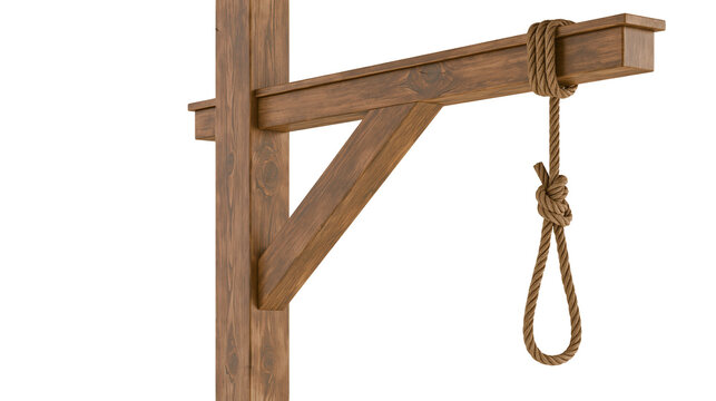 Wooden gallows structure with a hanging rope noose