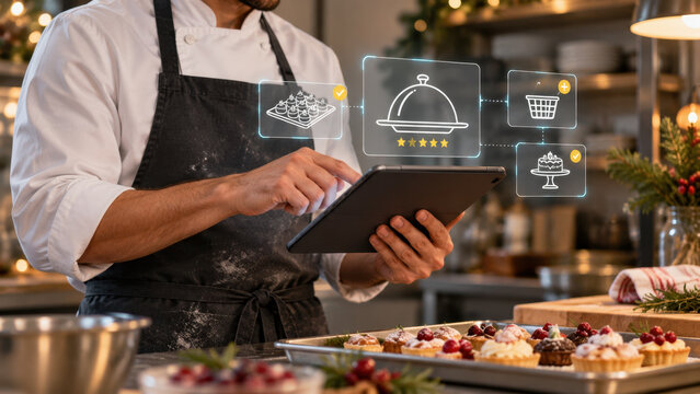 Chef, tablet, catering, food and technology for digital kitchen management