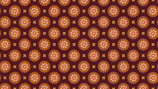 Indian block print seamless pattern with orange marigold rosettes and cream petals on deep maroon, festive traditional floral textile background