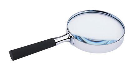 Handheld magnifying glass with silver metal frame and black textured handle © Veikko
