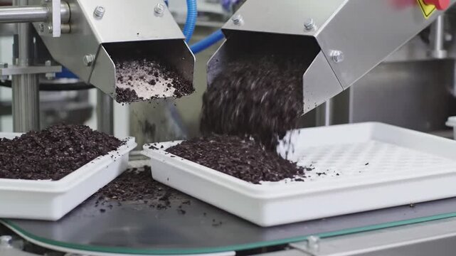 Automated mushroom substrate filling machine distributing organic growing medium into cultivation trays for efficient indoor agriculture and sustainable food production