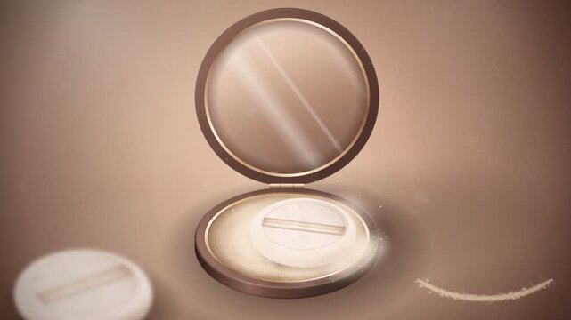 Cosmetic compact powder case with a soft puff and mirror looping 3d animation