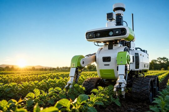 Autonomous agricultural robot inspecting green crops with optical sensors in modern precision farming with copy space