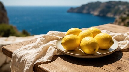 Fototapeta premium Fresh yellow lemons on ceramic plate placed on rustic wooden table. White linen cloth decorates surface near sea view. Sunny summer day at mediterranean coast terrace with blue ocean background,