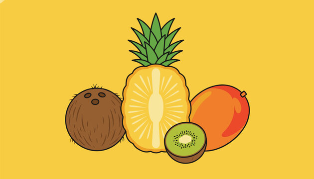 Tropical fruit collection featuring a whole coconut sliced pineapple half kiwi fruit slice and a ripe mango together.