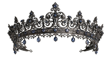 Ornate dark silver tiara with intricate filigree patterns and blue crystal gems © Liselotte