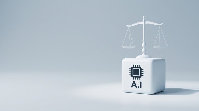 AI Law and Justice Concept with Scales of Justice on White Cube