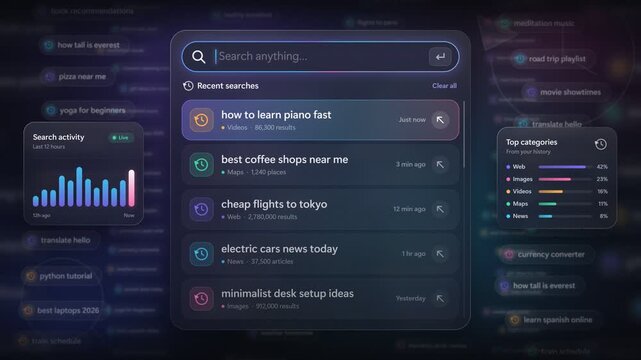 Search History List With Recent Queries And Glass Panel Animation In Seamless Loop