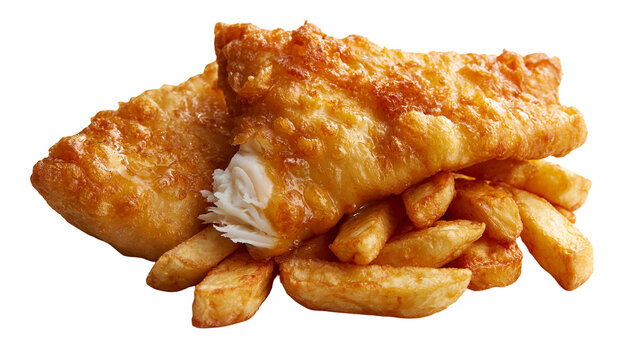 Golden crispy battered fish fillet with thick cut potato chips