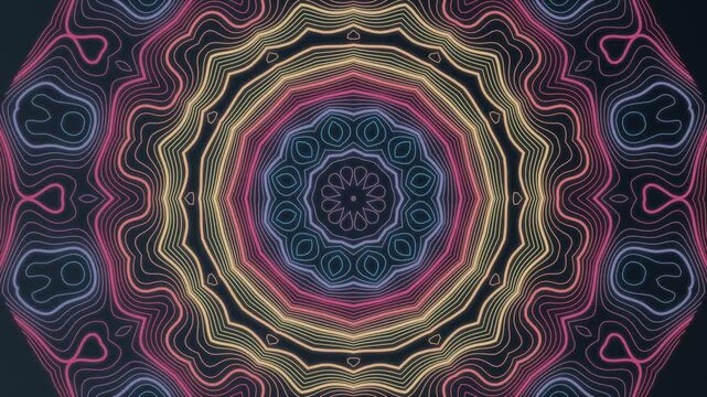Abstract neon colored topographic mandala pattern with glowing concentric circles and flowing wave lines for dynamic backgrounds and motion graphics