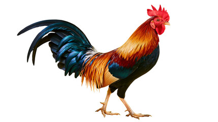 Colorful rooster with vibrant red comb and iridescent blue tail feathers © Liselotte