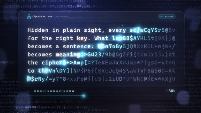 Encrypted ciphertext decrypting into readable plaintext message with progress bar on digital screen