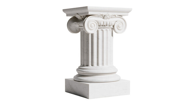 Classical white marble ionic column pedestal with ornate volute capital