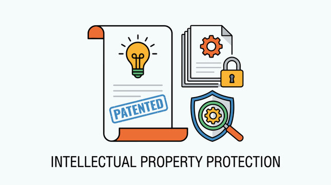 Intellectual property protection vector illustration with patented document, lightbulb, padlock, and shield icons.