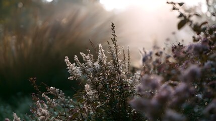 Naklejka premium Sunlight filters through delicate white and purple flowering plants in a soft misty garden setting during golden hour