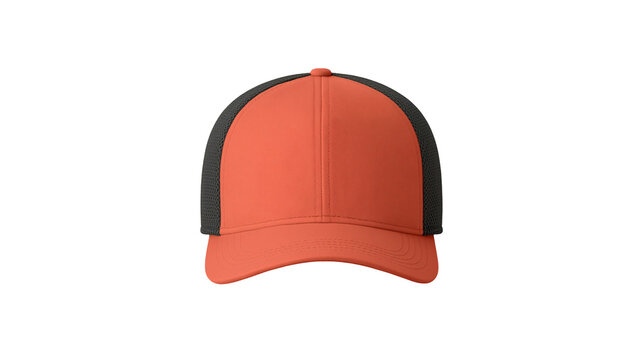 Orange and black mesh trucker cap with curved brim and adjustable snapback
