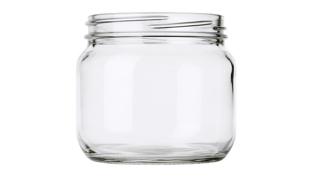 Empty clear glass jar with threaded neck for food storage
