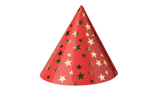 Red conical party hat with shiny gold star patterns