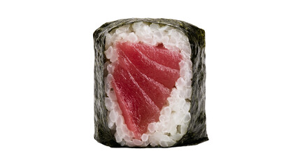 Fresh tuna sushi roll wrapped in dark green nori seaweed with white rice © Liselotte