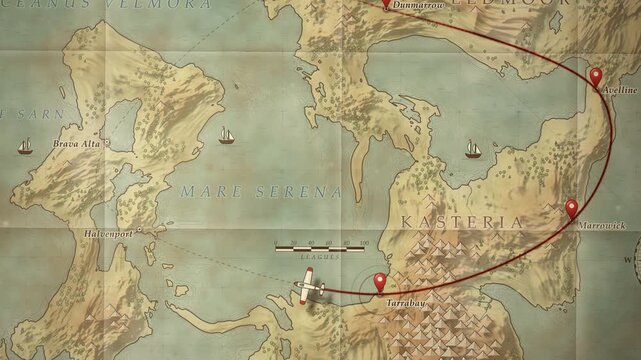 Vintage paper map route animation with airplane drawing red travel line between location pins