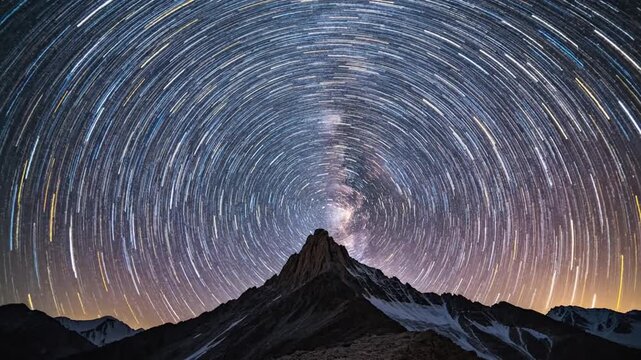 Star trails arc across a vast inky night sky above a silent jagged mountain peak in a long exposure celestial capture.