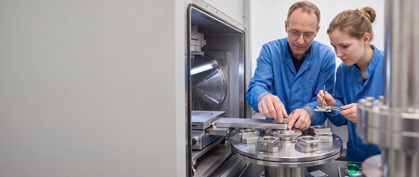 Forscher justieren Probentisch im Rasterelektronenmikroskop