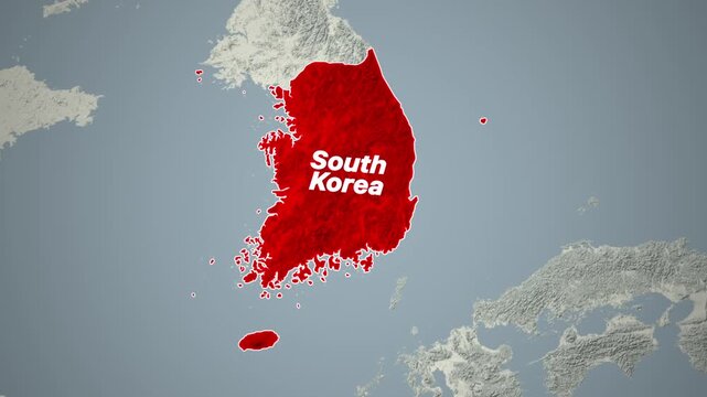 South Korea map highlighted in red on textured paper background, 3D topographic map of Korean peninsula, political geography and territory concept